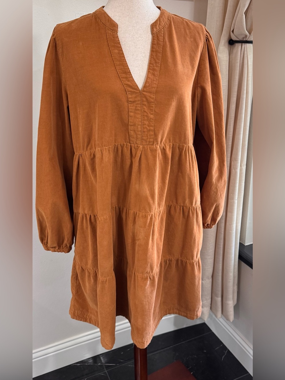 Lucky Brand Corduroy Tiered Dress L Rust Burnt Orange Fall Boho